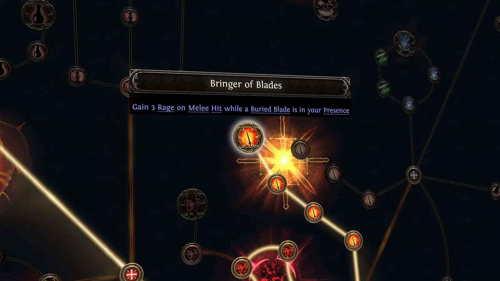 Frame from GGG’s Duelist deep dive: passive tree notable tooltip for generating rage on hit while near buried blades