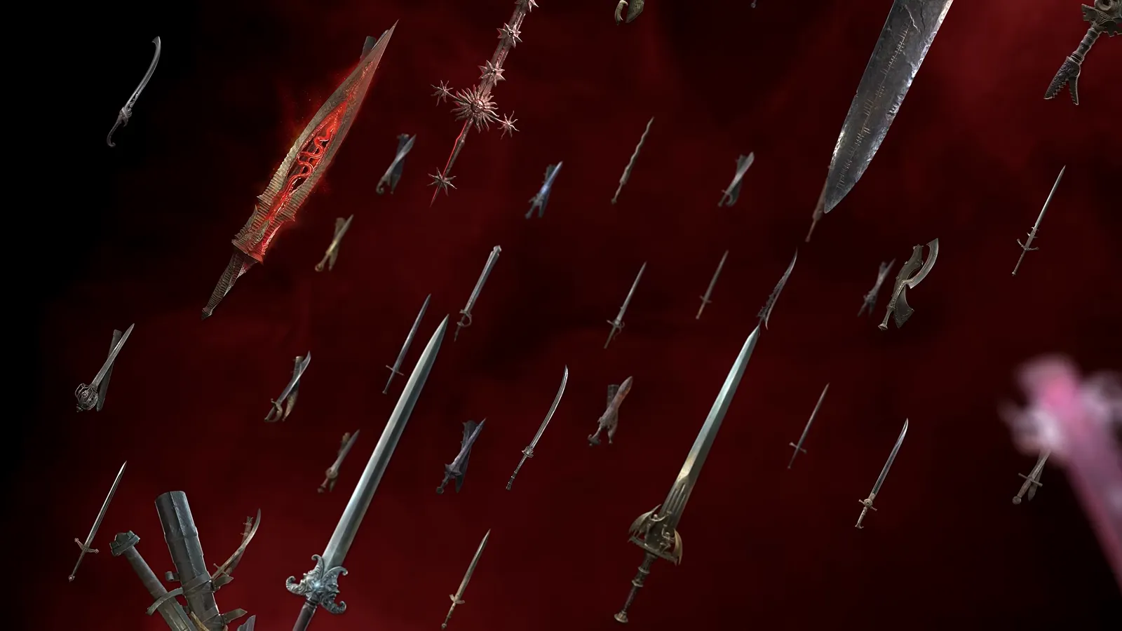 Many ornate swords floating in red mist as Rain of Steel buries blades across the battlefield