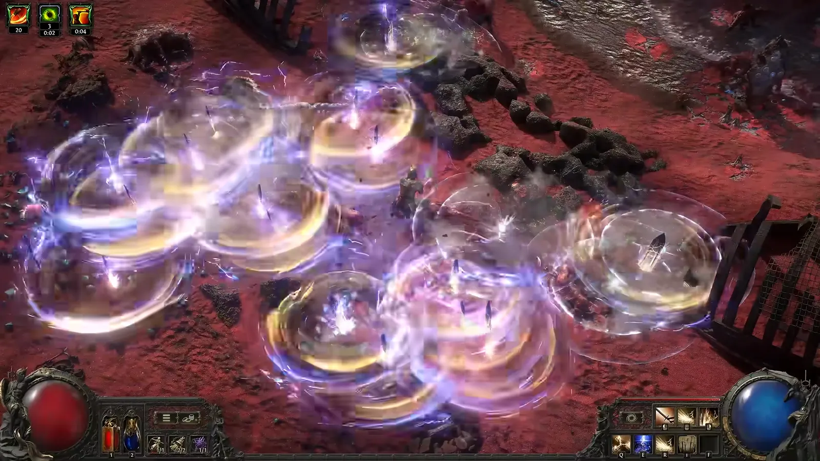 Frame from GGG’s Bringer of Blades demo: sand disks and buried-blade markers overlapping on a red-sand battlefield