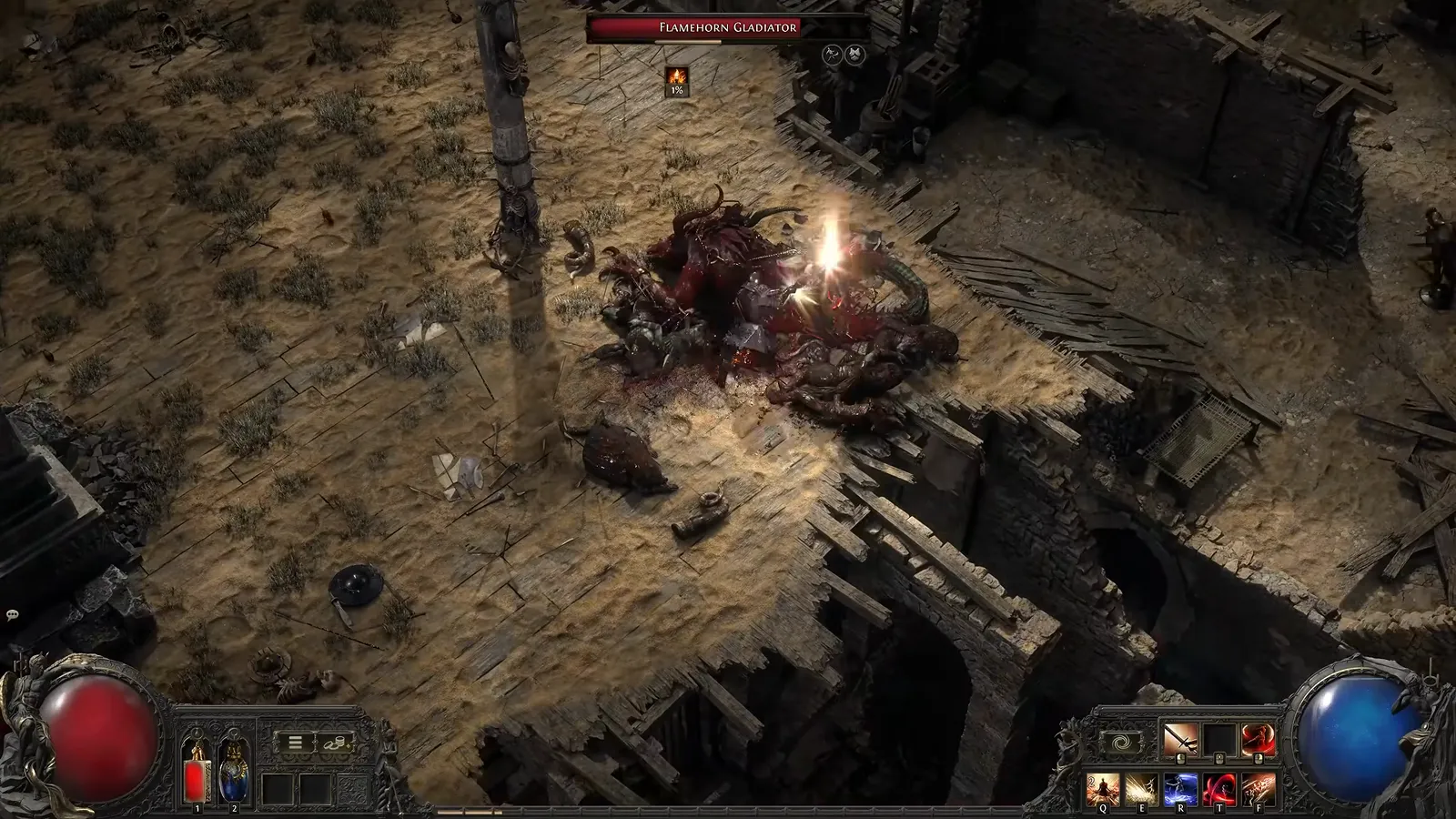 PoE2 Duelist holding a wide ready guard with swords raised before a slash in sandy arena ruins