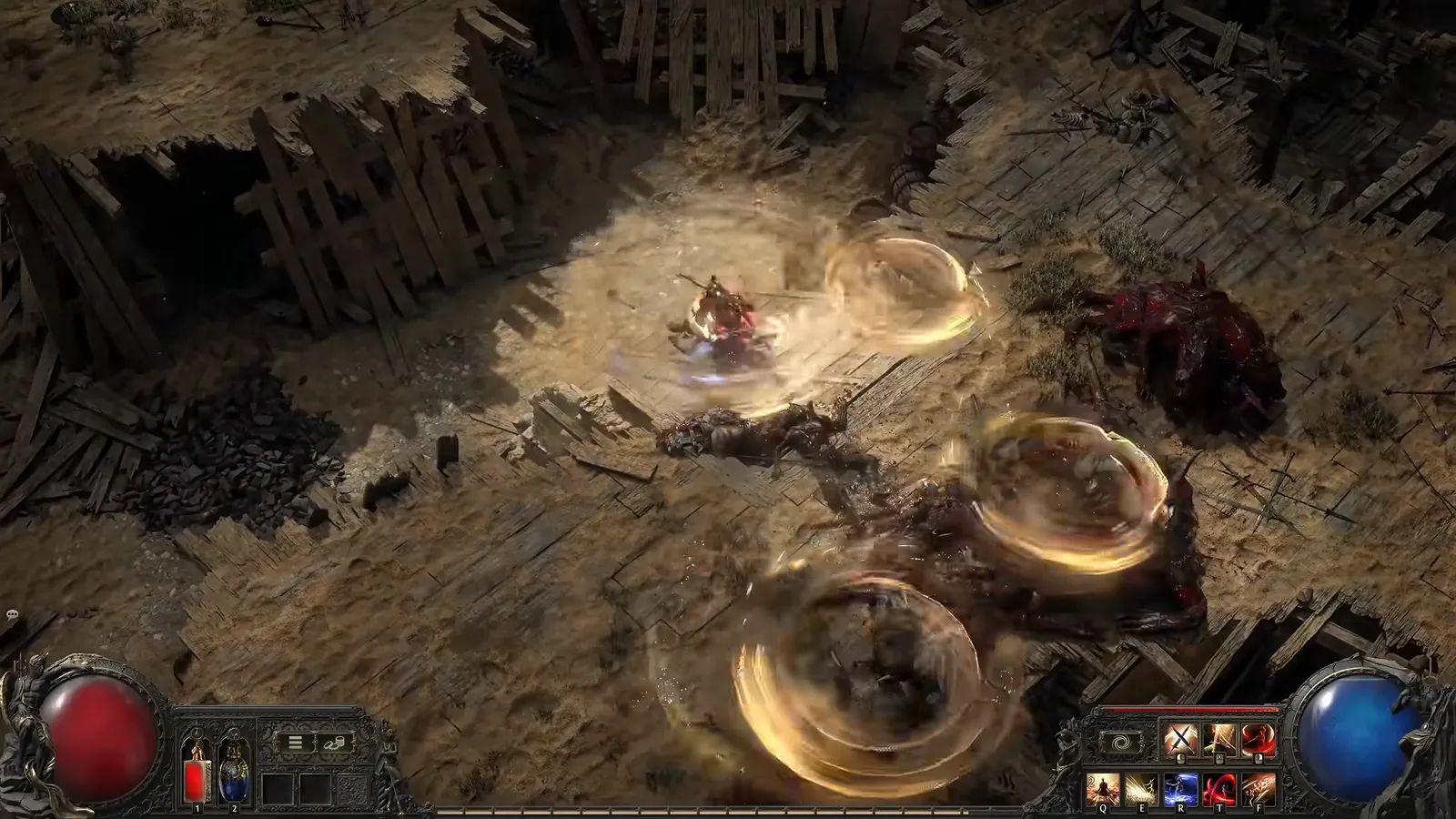 Duelist Cyclone in Sand Stance sending golden sand disk vortices across a ruined wooden arena floor
