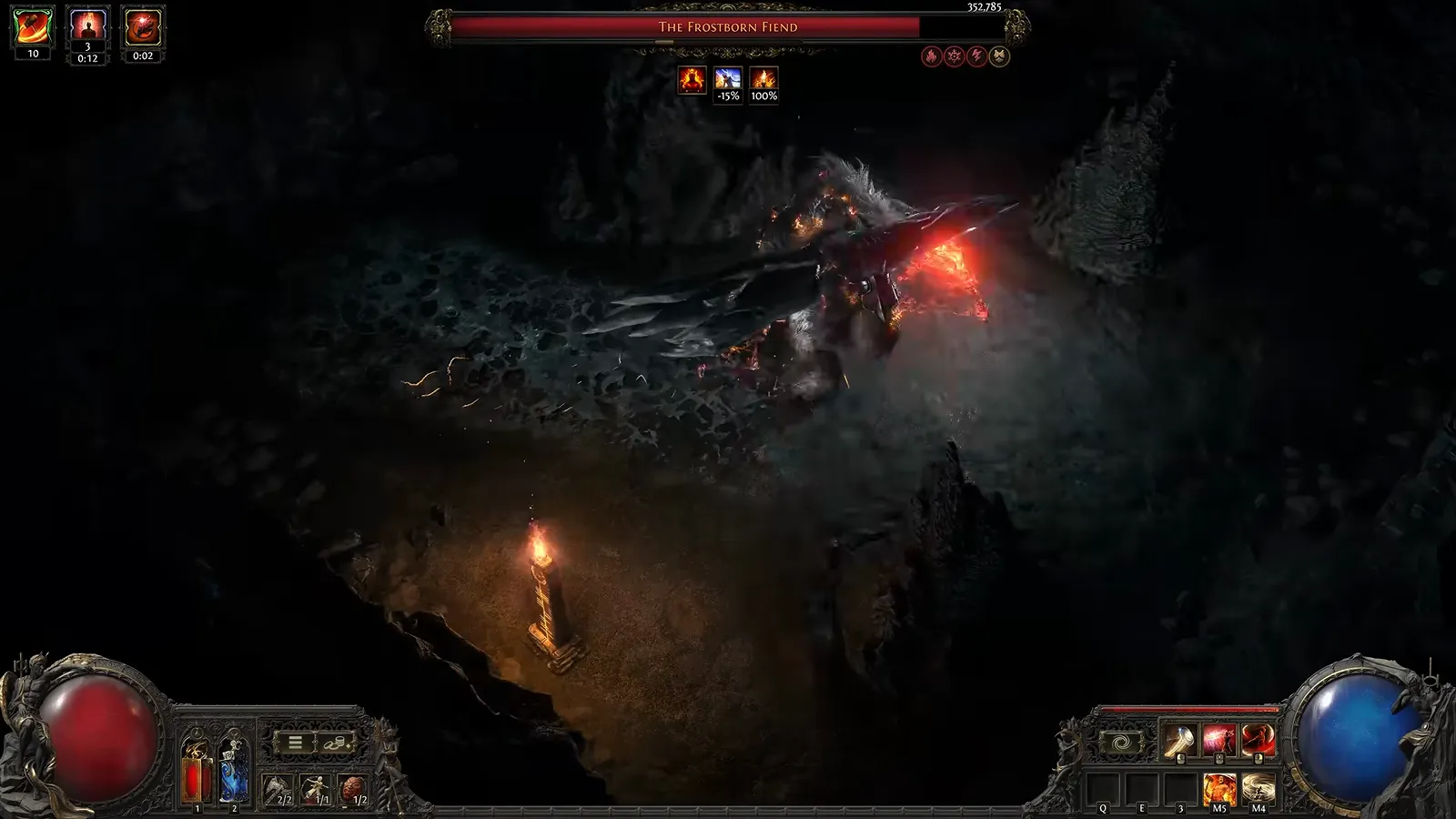 PoE2 Duelist dashing parry against a frost-themed boss with debuff icons and dual weapon sets in the UI