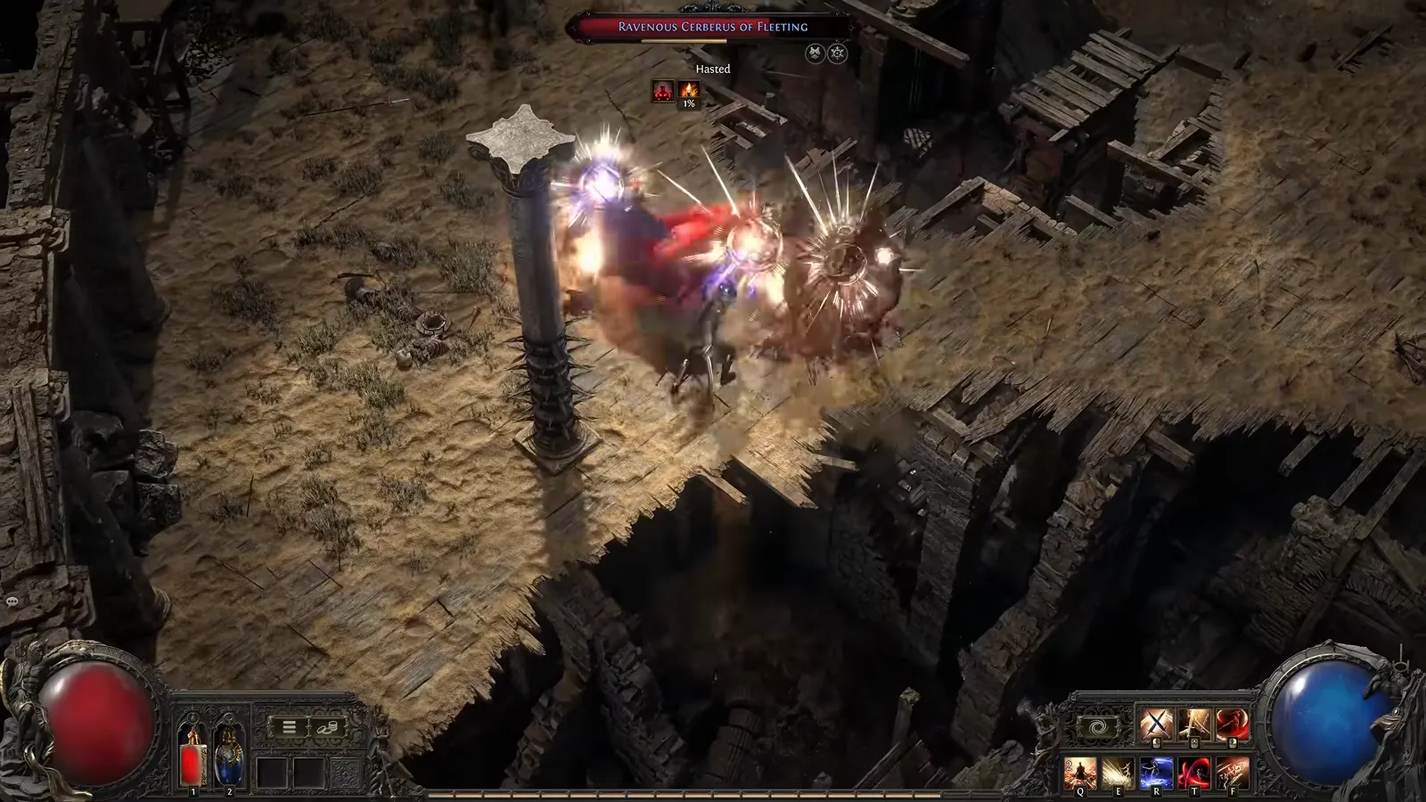 PoE2 Duelist dual wielding with a bright parry block effect against a multi-headed beast enemy in sandy ruins