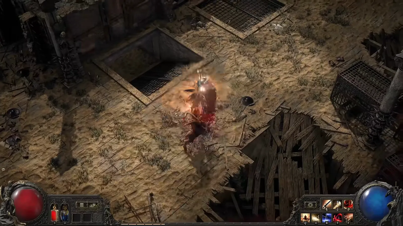 PoE2 Duelist shield bashing from Ready Stance with sand and blood effects in a desert arena