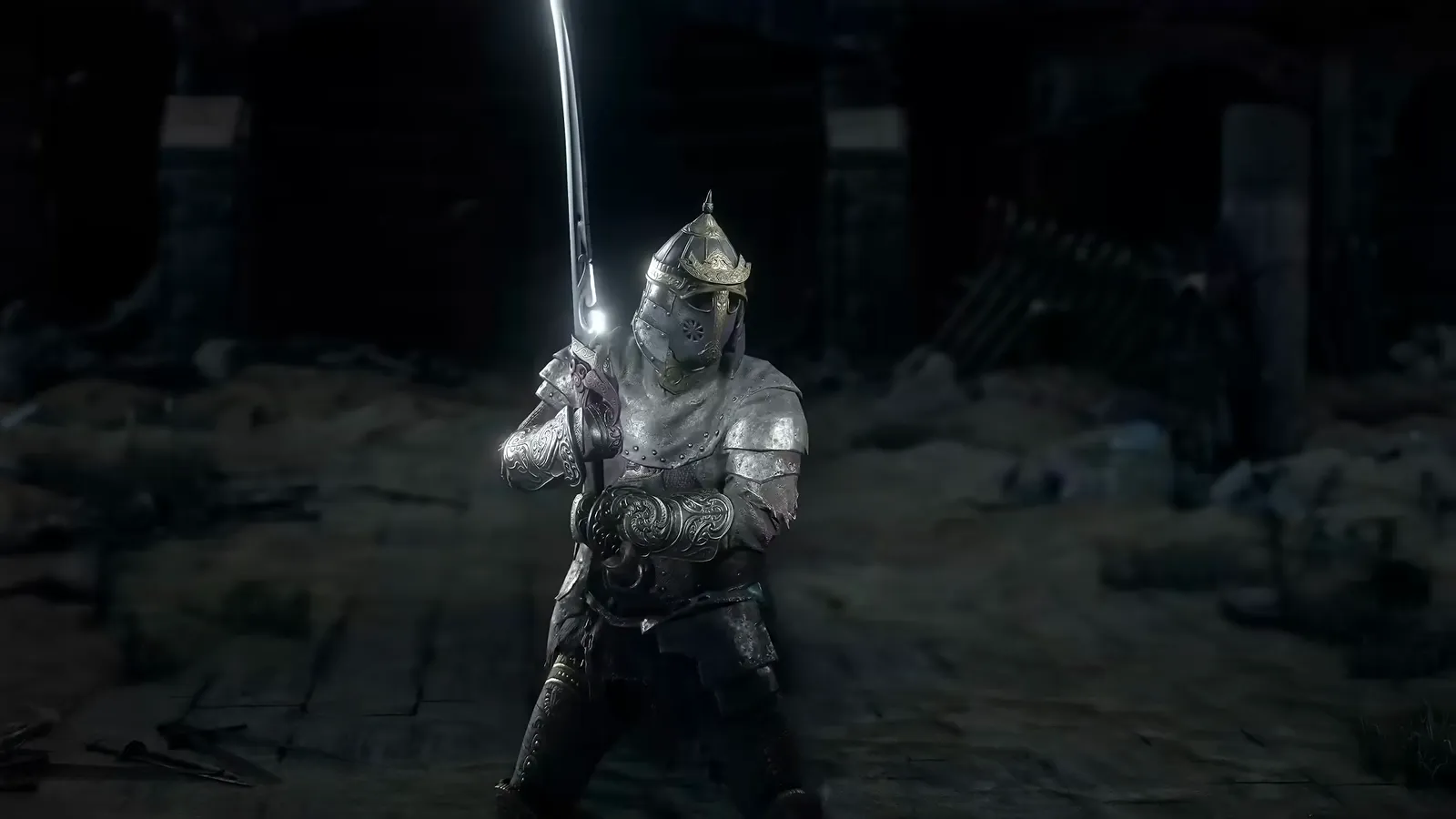Armoured swordsman raising a blade in a dark hall from the PoE2 Duelist presentation teaser frame