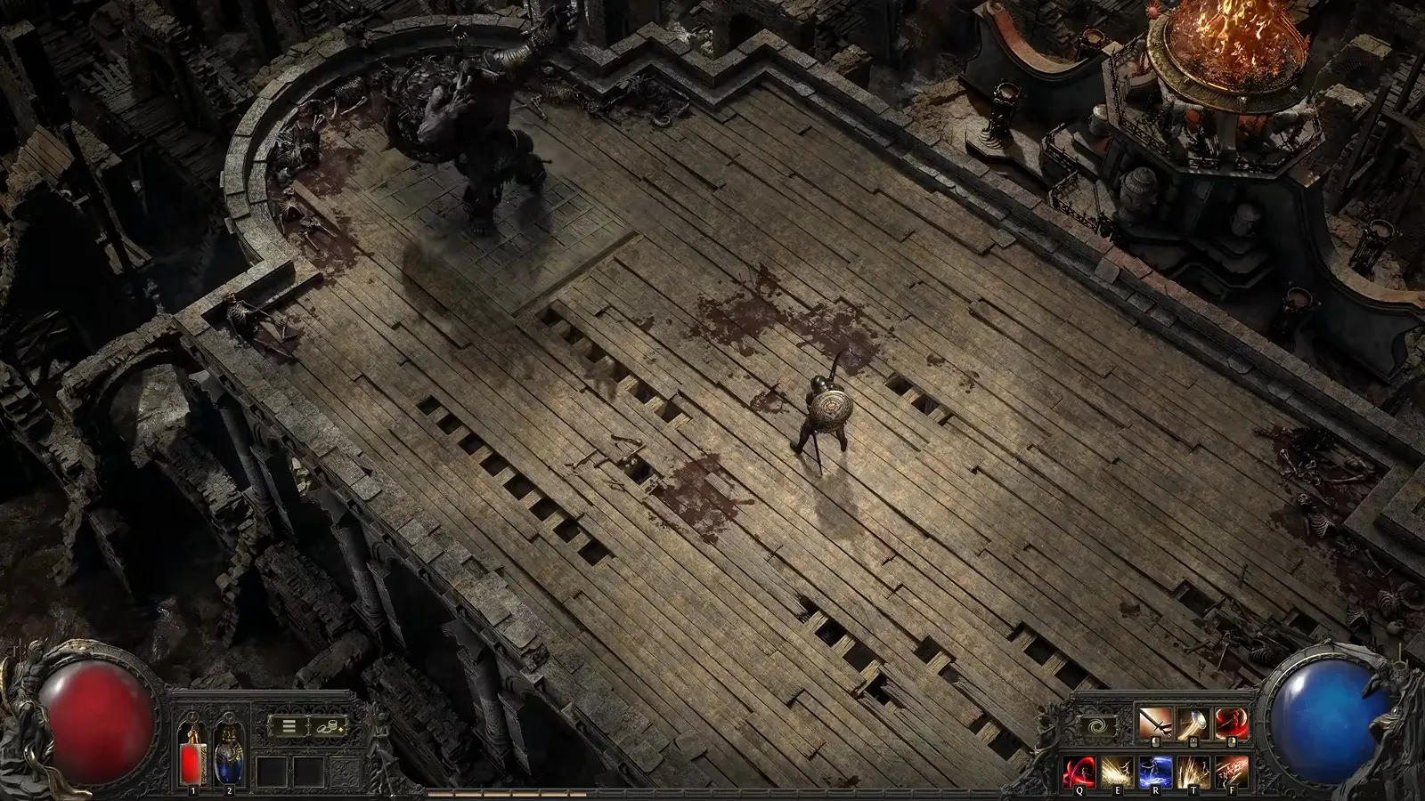 Duelist facing a large armoured foe on a circular wooden bridge arena before the Thrax fight area