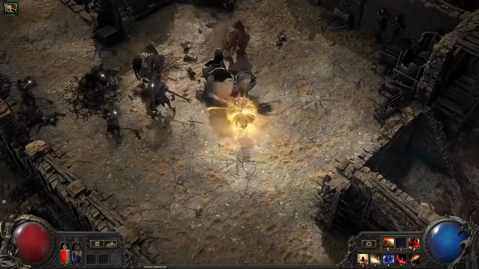 Duelist sword attack with a golden arc through multiple arena enemies on sandy ruins during the skills demo