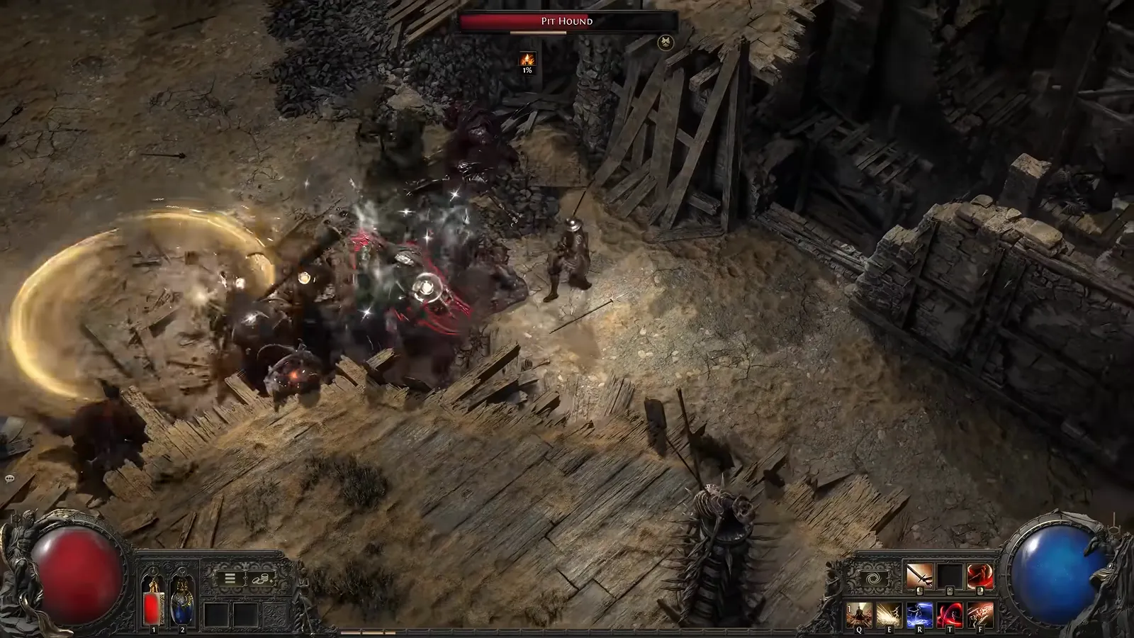 Duelist dashing with a bright golden trail through sand and wooden ruins while staying in combat