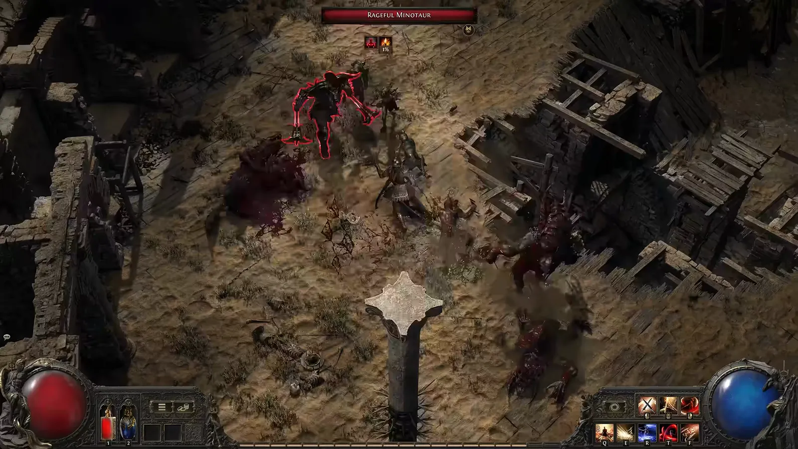 Duelist dual wielding with red blood effects against a large horned arena enemy on sandy ruins, action bar visible