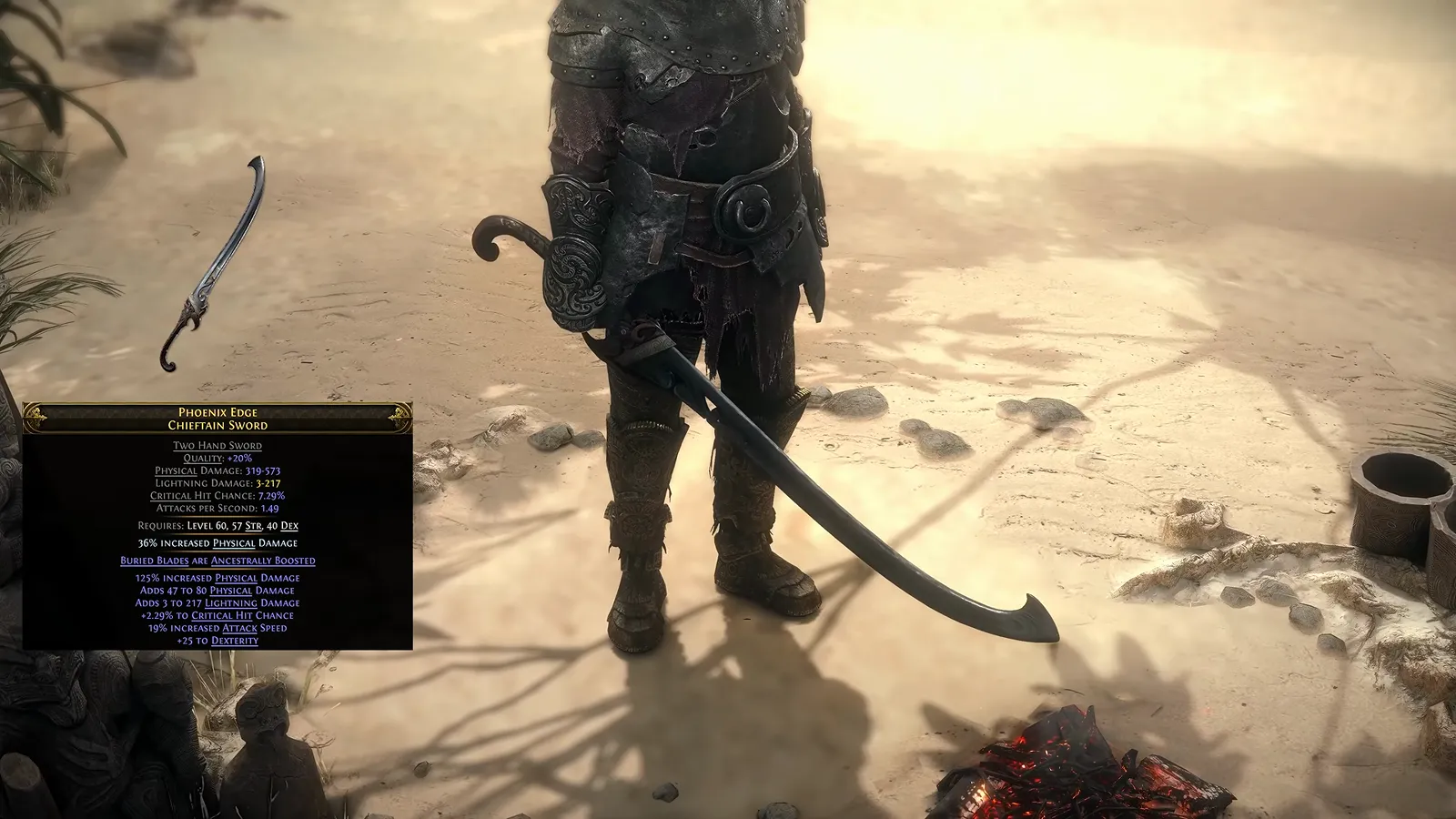 Frame from GGG’s Bringer of Blades demo: two-hand sword tooltip showing buried blades ancestrally boosted (base name not spoken in narration)