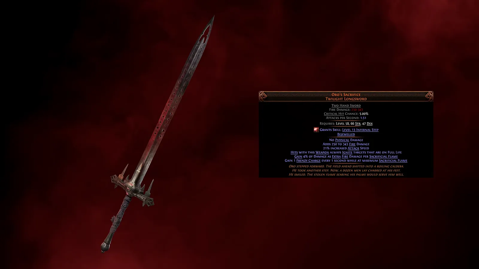 Oro’s Sacrifice unique two-hand sword and tooltip on a red backdrop from the PoE2 Duelist deep dive