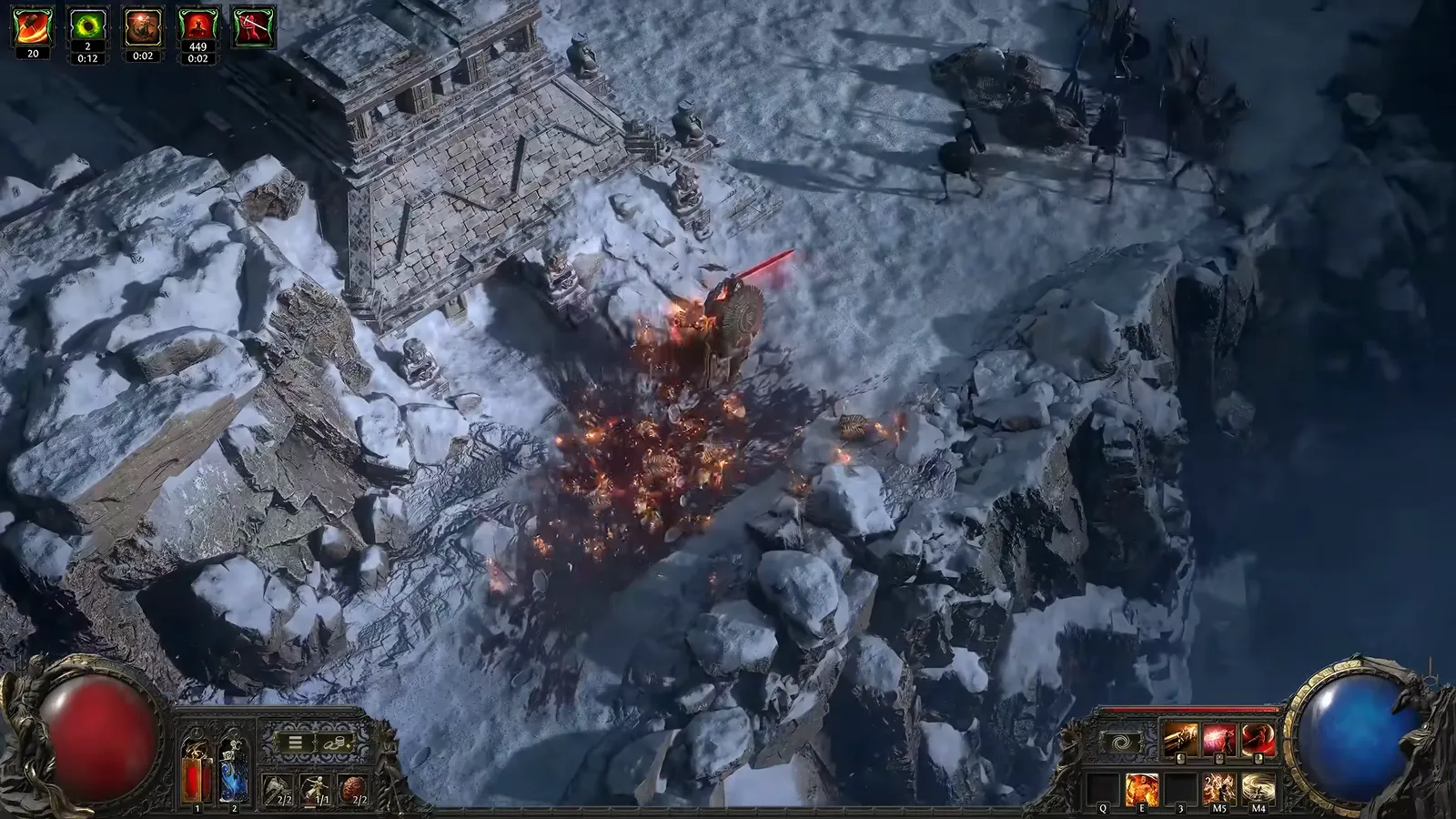 Frame from GGG’s Scourge Walker demo: fiery Cyclone vortex around the Duelist with Sacrificial Flame stacks on the buff bar